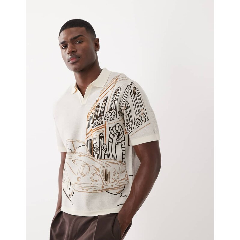 ASOS DESIGN relaxed knitted notch neck with car graphic in cream