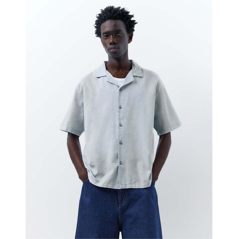 Pull&Bear Short sleeve linen blend shirt in pale blue