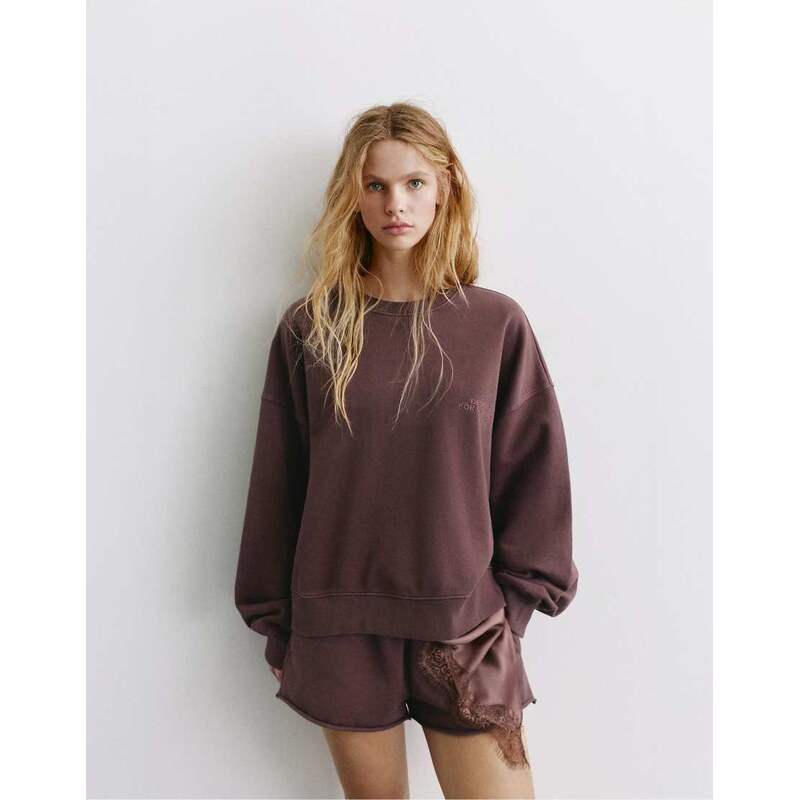 Pull&Bear Round neck stwd sweatshirt in aubergine-Red 115589981