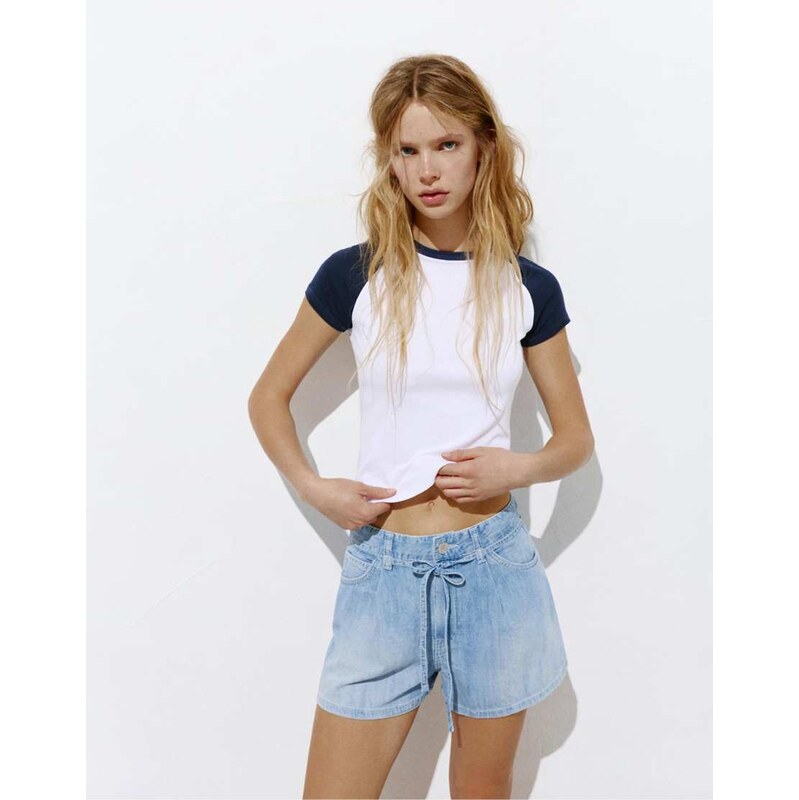 Pull&Bear Denim shorts with darts and belt in pale blue