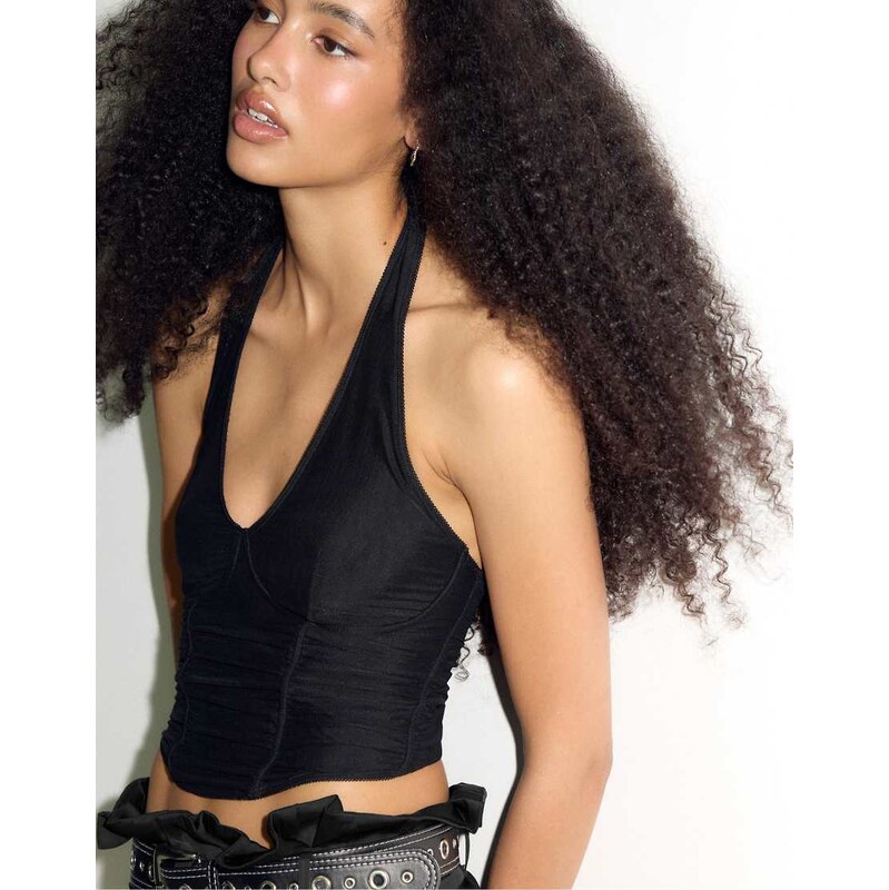 Stradivarius Mesh halter bodice top in black