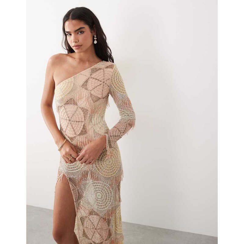ASOS LUXE embellished crochet one shoulder maxi dress with split