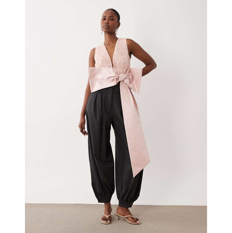 ASOS LUXE Satin bow plunge cropped top in light pink 115591483
