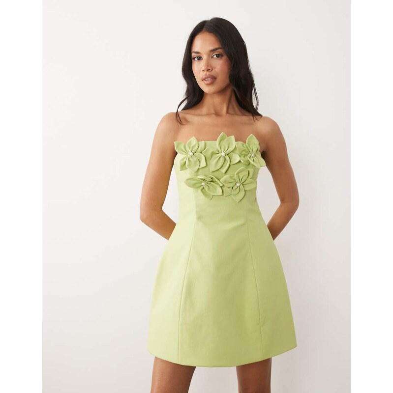 ASOS LUXE bandeau linen corsage detail mini dress in pistachio-Green 115591520