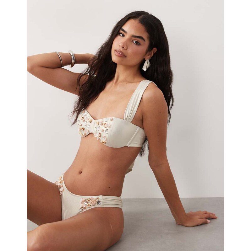 ASOS LUXE pearlescent bikini top with shell detail in white-Pink 115591524