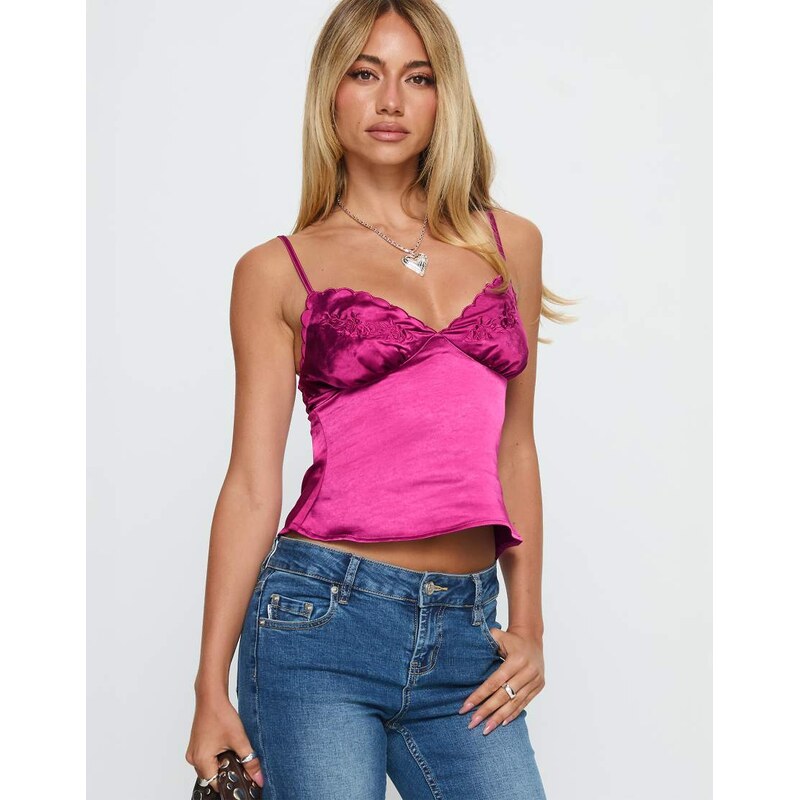 Princess Polly Aruba satin embroidered bust detail cami top in fuchsia 115591530