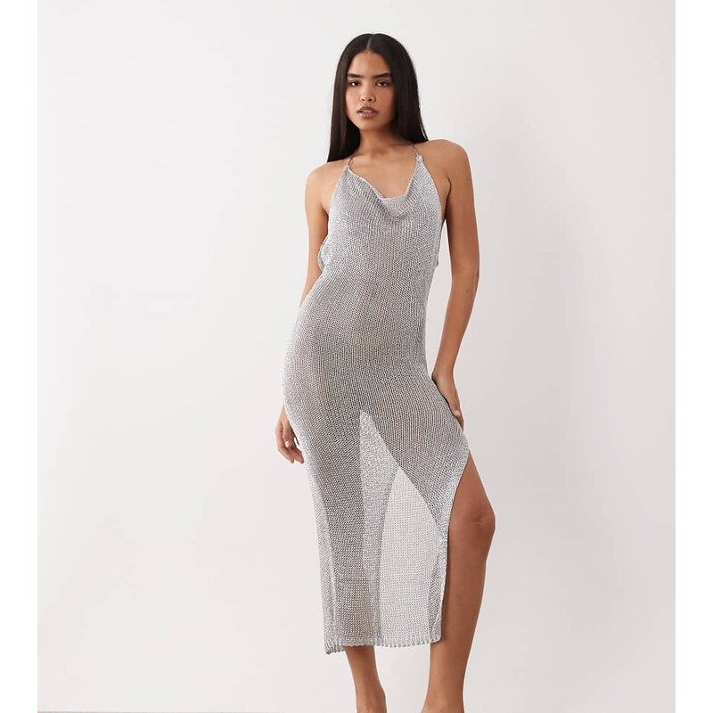 Kaiia exclusive metallic crochet thigh split maxi dress in silver-Grey 115591656