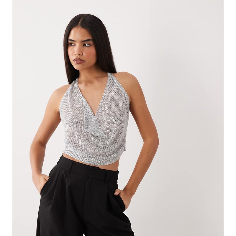 Kaiia exclusive metallic crochet cowl neck top in silver 115591657
