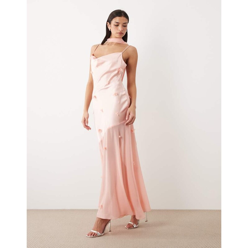 Gina Tricot 3D floral cowl neck sheer maxi dress in pink