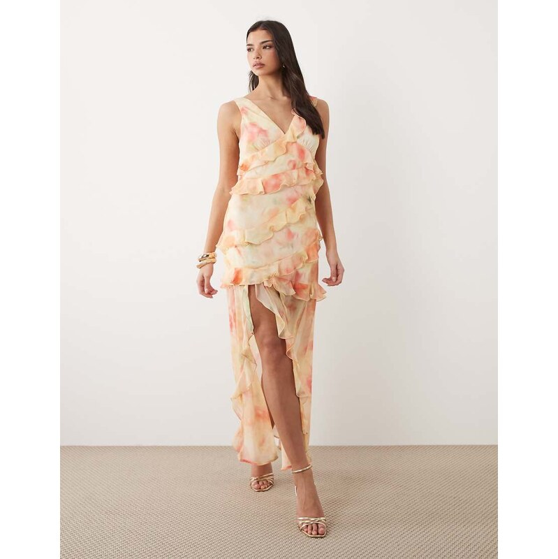 Gina Tricot frill tiered maxi dress in watercolour flower pink