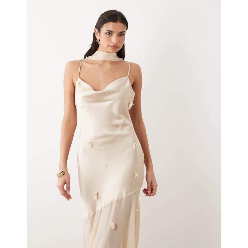Gina Tricot 3D floral cowl neck sheer maxi dress in gold-White