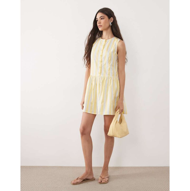 New Look stripe frill waist poplin mini dress in yellow