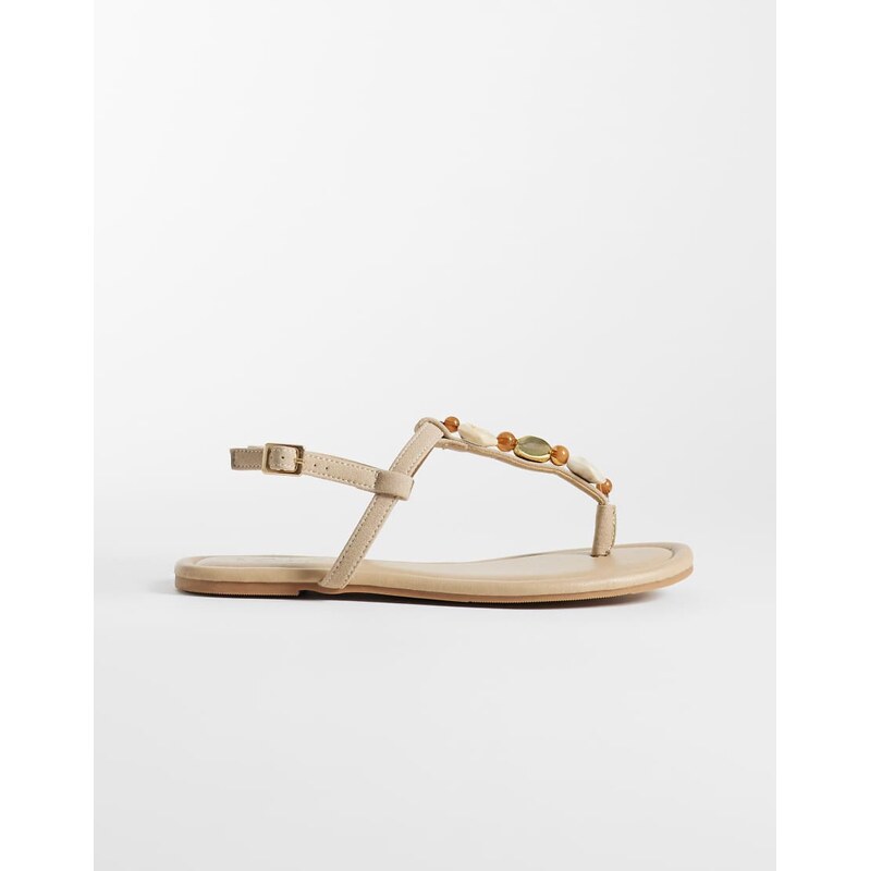 New Look resin stone detail toe thong sandal in beige-White