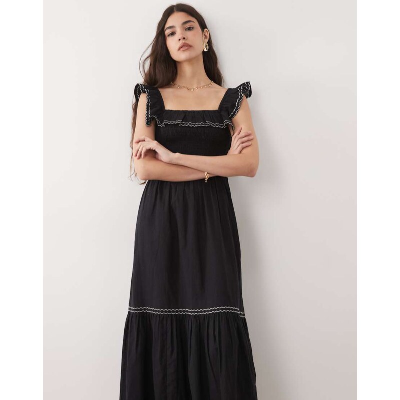 New Look embroidered frill sleeve midi dress in black