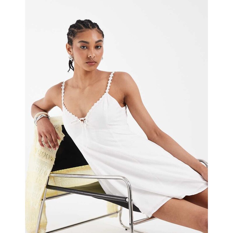 Hollister v neck button through mini dress in white
