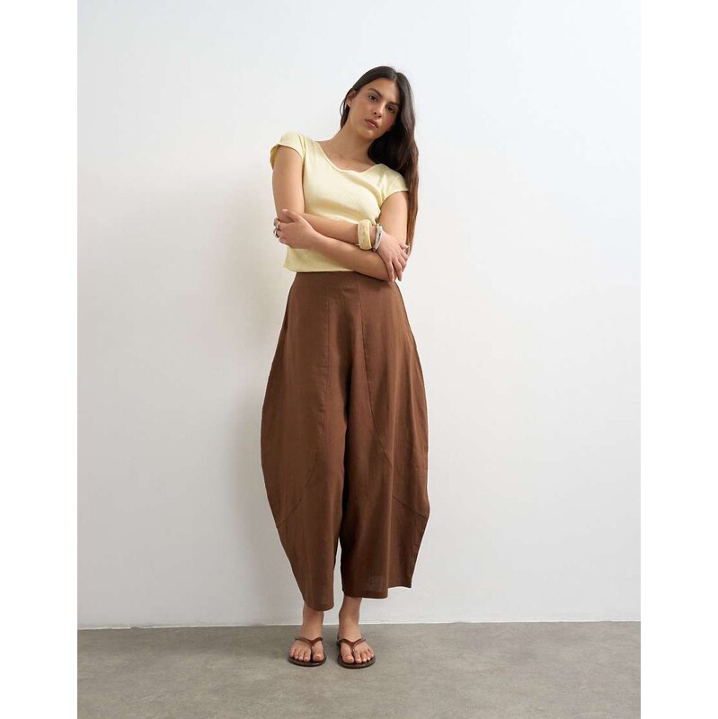 Topshop linen oversized ovoid mid length trouser in chocolate-Brown 115591540
