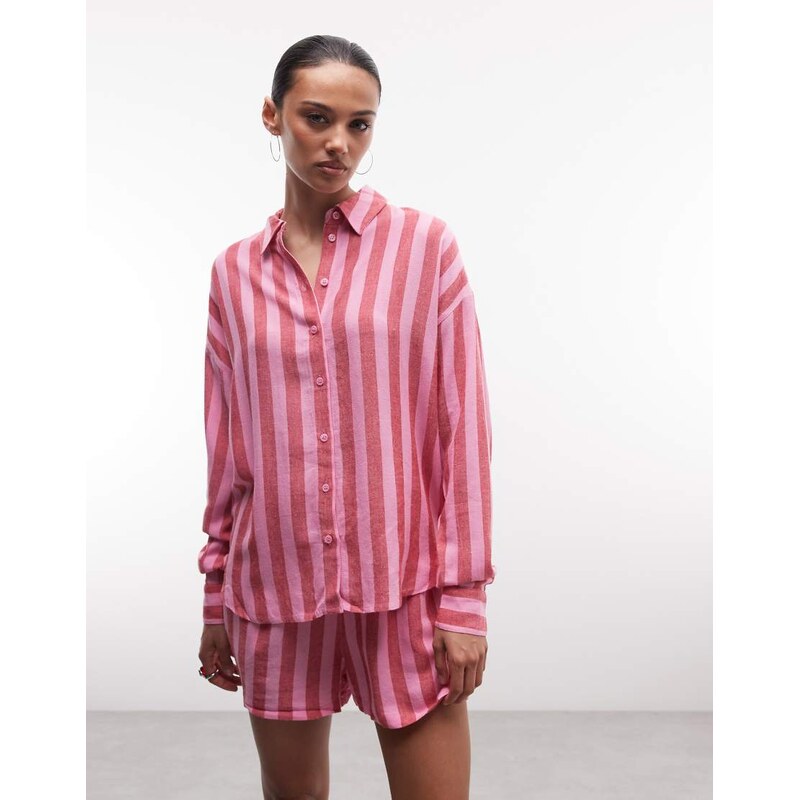 Noisy May linen mix short co-ord in pink & red stripe 115591611