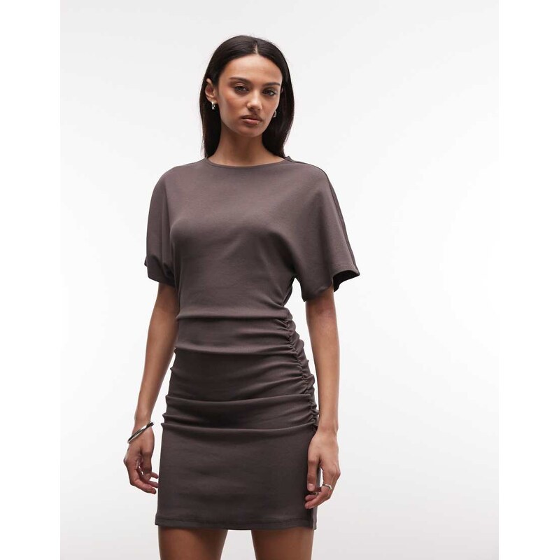 Noisy May cinch waist t-shirt mini dress in chocolate-Brown 115591638