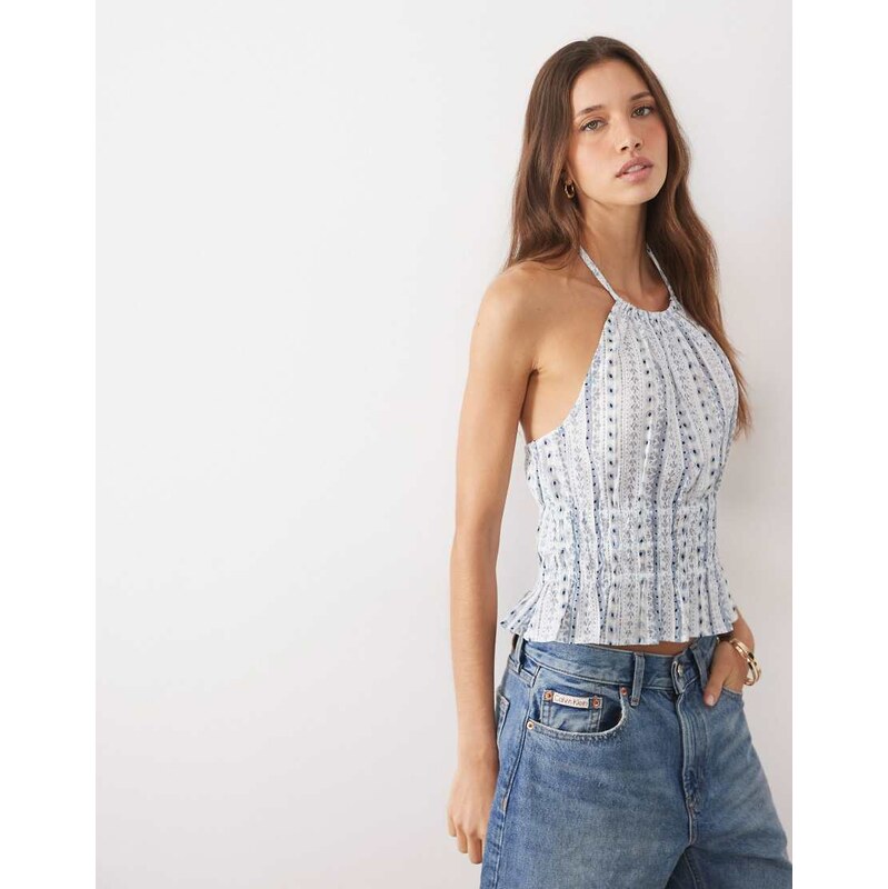 Mango Teen halterneck shirred waist top co-ord in blue print 115591639