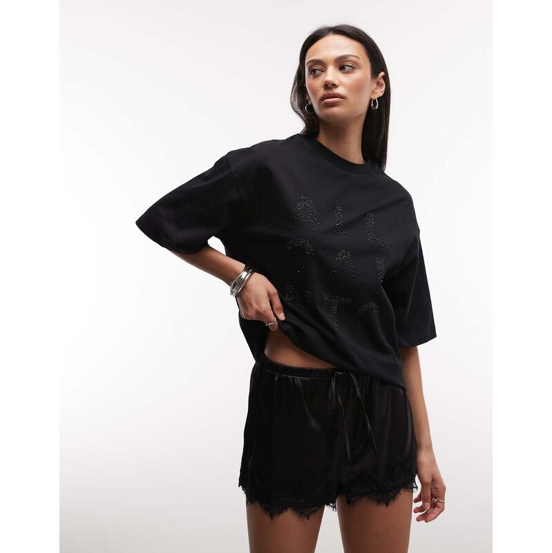 AllSaints Stacks Amelie short sleeve embellished logo t-shirt in black 115591653
