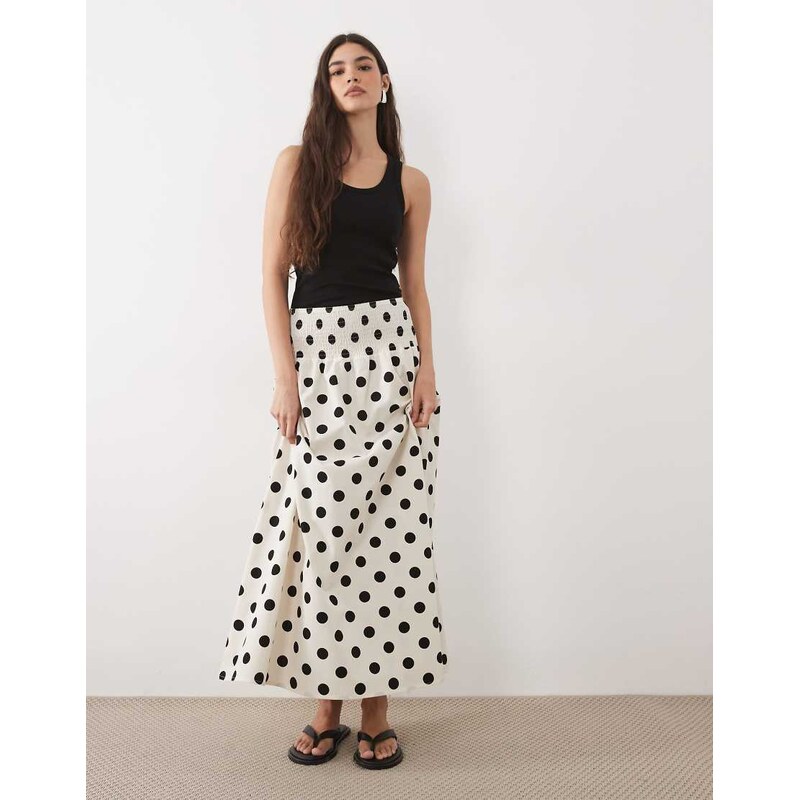ASOS DESIGN shirred drop waist maxi skirt in polka dot-Multi