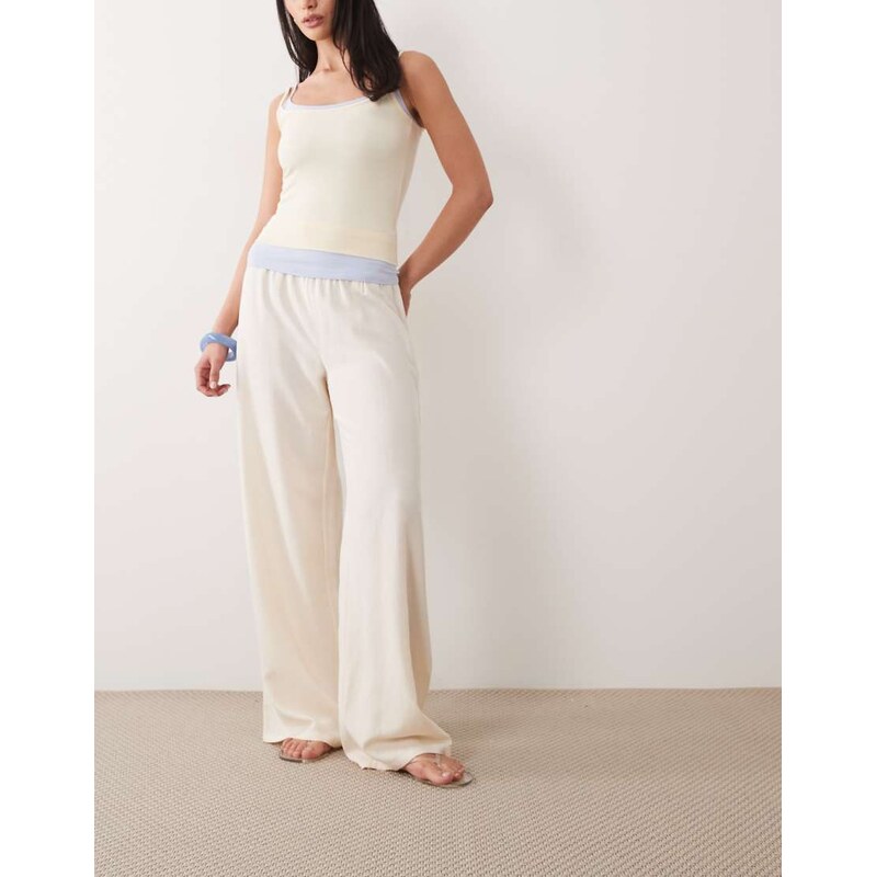 ASOS DESIGN linen blend shirred waist pull on trouser in ivory-White 115591690