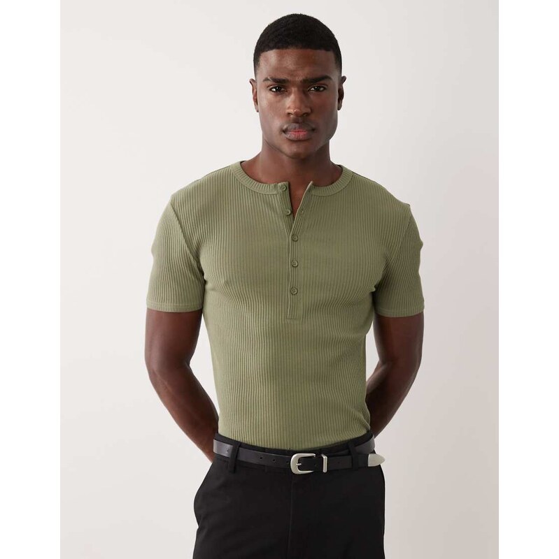 ASOS DESIGN heavyweight muscle fit t-shirt with henley neck in