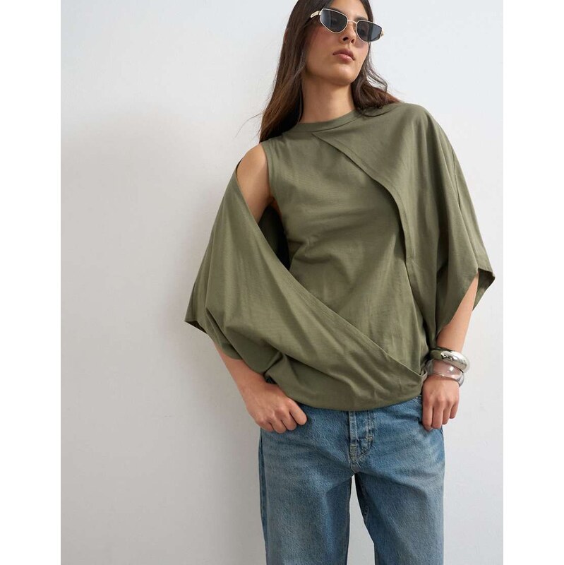 Topshop cape draped tee in khaki-Green