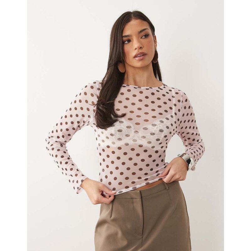 ASOS DESIGN printed mesh long sleeve top in pink polka dot-Multi
