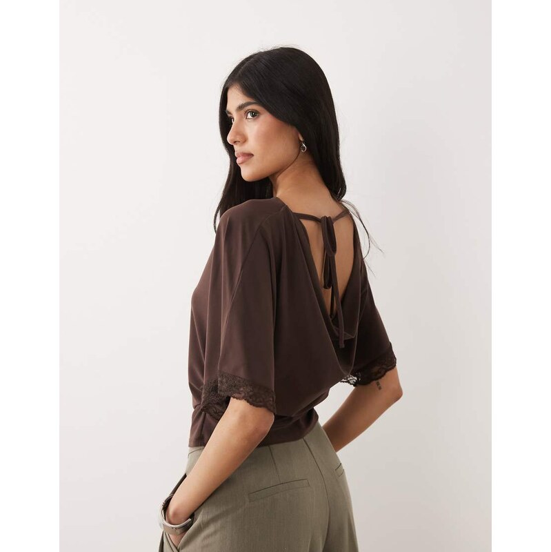 Miss Selfridge cinched waist cowl back top with lace trim in