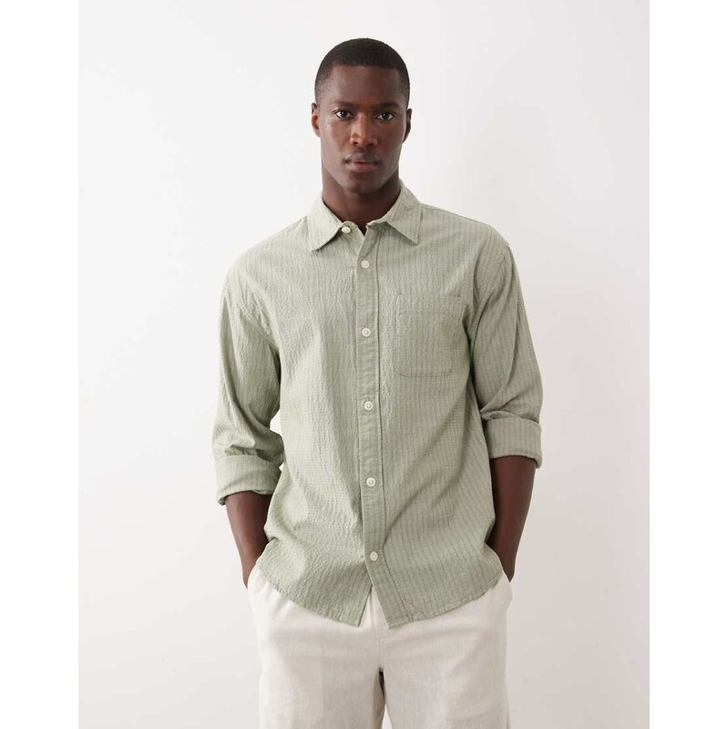 Abercrombie & Fitch long sleeve seersucker shirt in khaki-Green