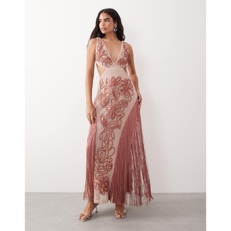ASOS LUXE embellished beach maxi dress with pink fringe detail 115740648