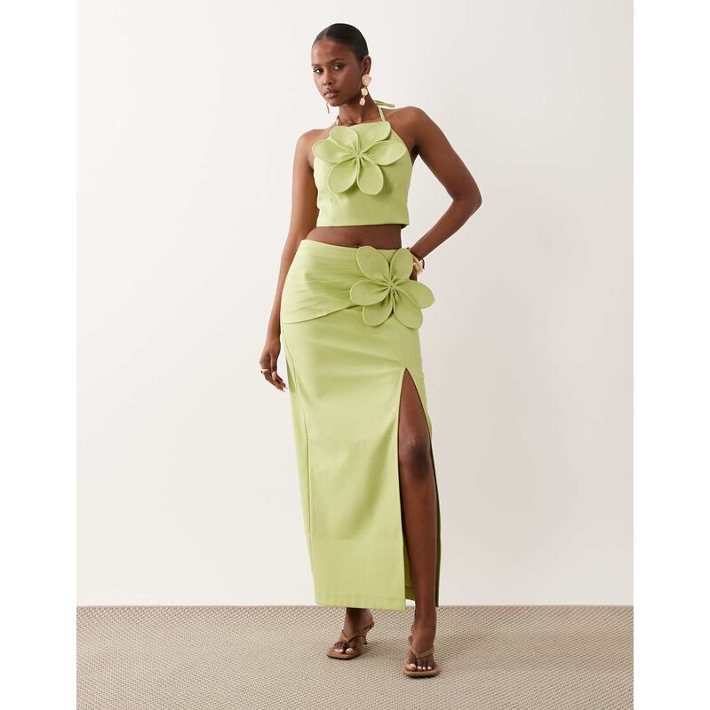 ASOS LUXE co-ord linen maxi skirt with 3D flower in pistachio-Green 115681869