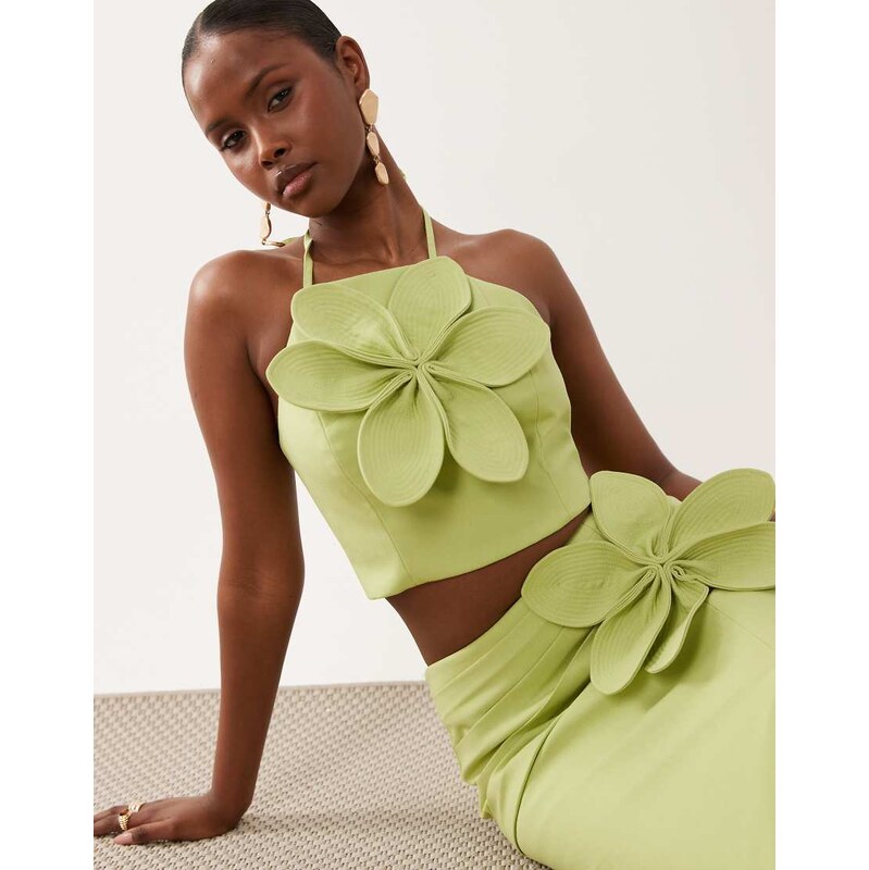 ASOS LUXE co-ord linen halter top with 3D flower in pistachio-Green 115691702