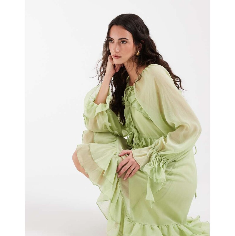 Muse Assembly boho crinkle chiffon ruffle midi dress in apple green 115740751