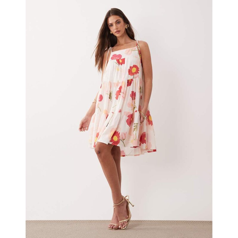 Gina Tricot flowy strap detail mini dress in white poppy print
