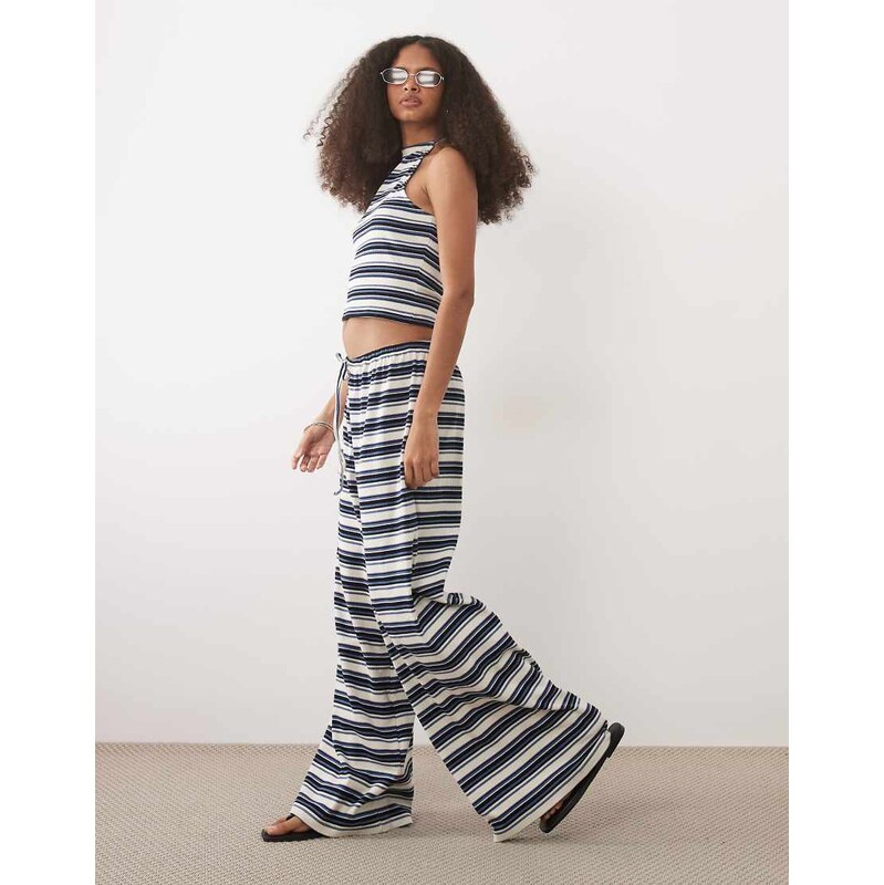 ASOS DESIGN co-ord ribbed wide leg trouser in blue stripe-Multi