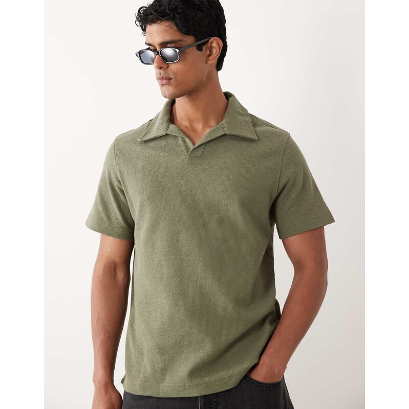 Mango cotton rich textured knit revere neck t-shirt in khaki