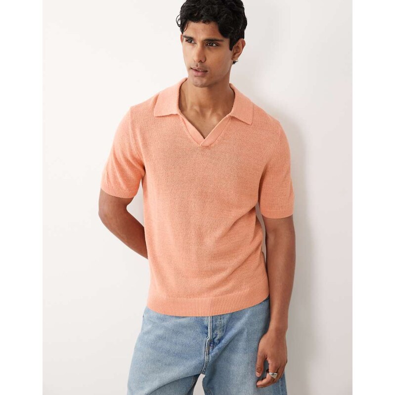 Mango cotton mix knitted short sleeve revere neck poloshirt in
