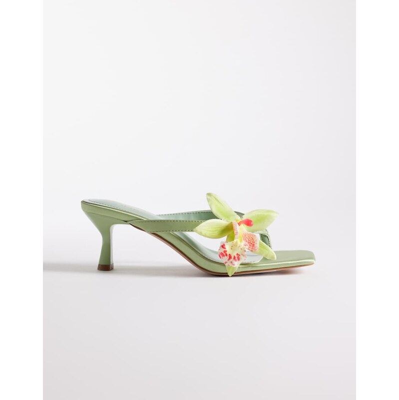 SIMMI Shoes Simmi London Ruby kitten heel sandals with flower in green 115634249