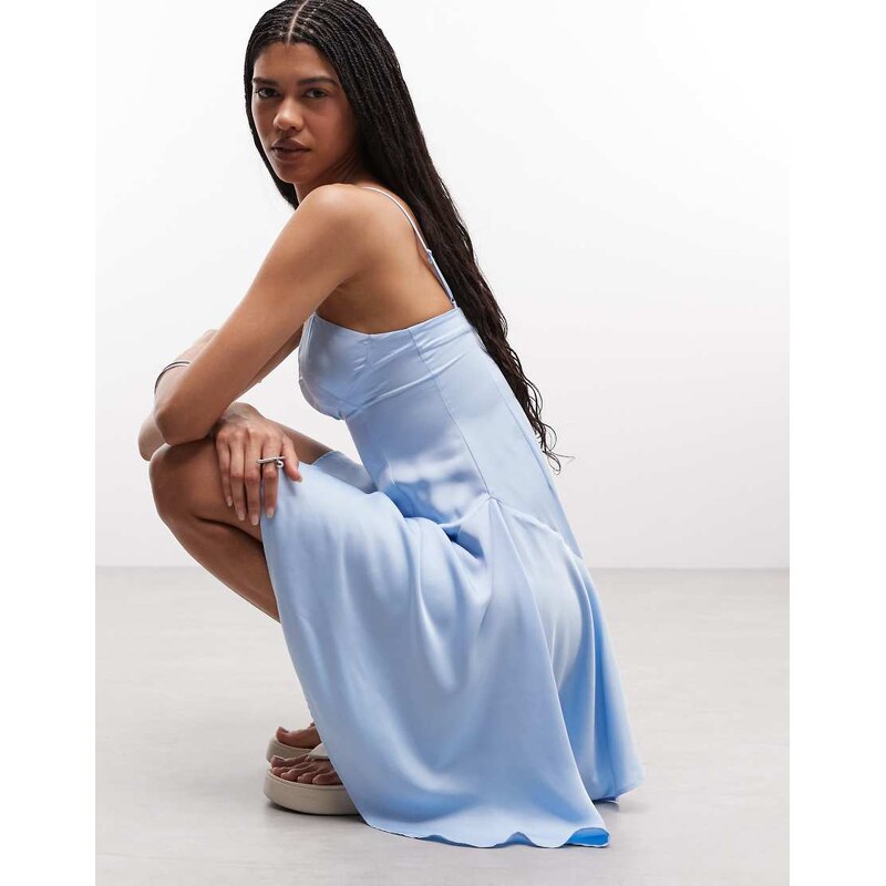 Monki sweetheart satin slip mini dress in blue