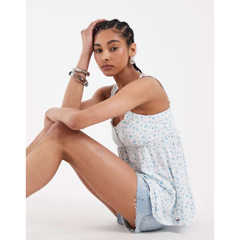 Hollister longline babydoll cami tunic in white ditsy print