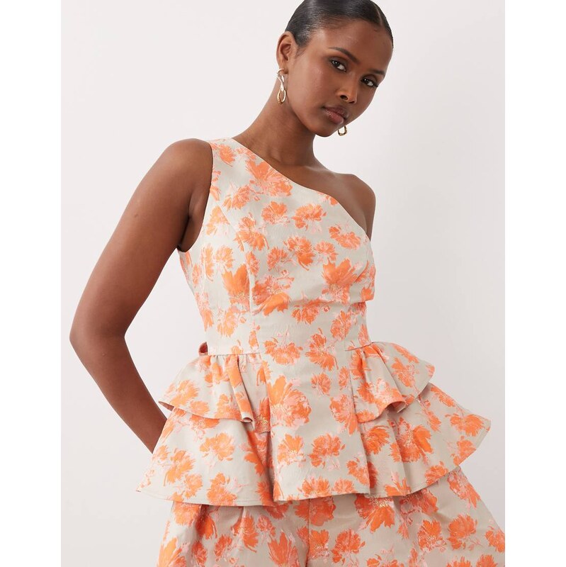 ASOS LUXE co-ord jacquard one shoulder top in orange-Multi