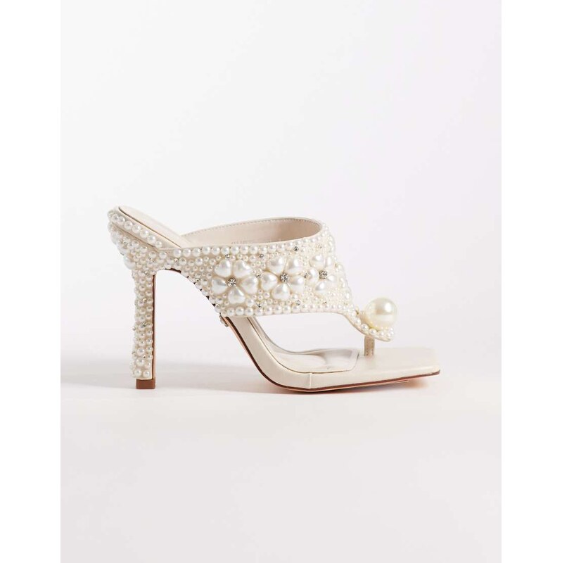 Azalea Wang Ellaruth toe post heeled sandals in ivory with pearls 115609960