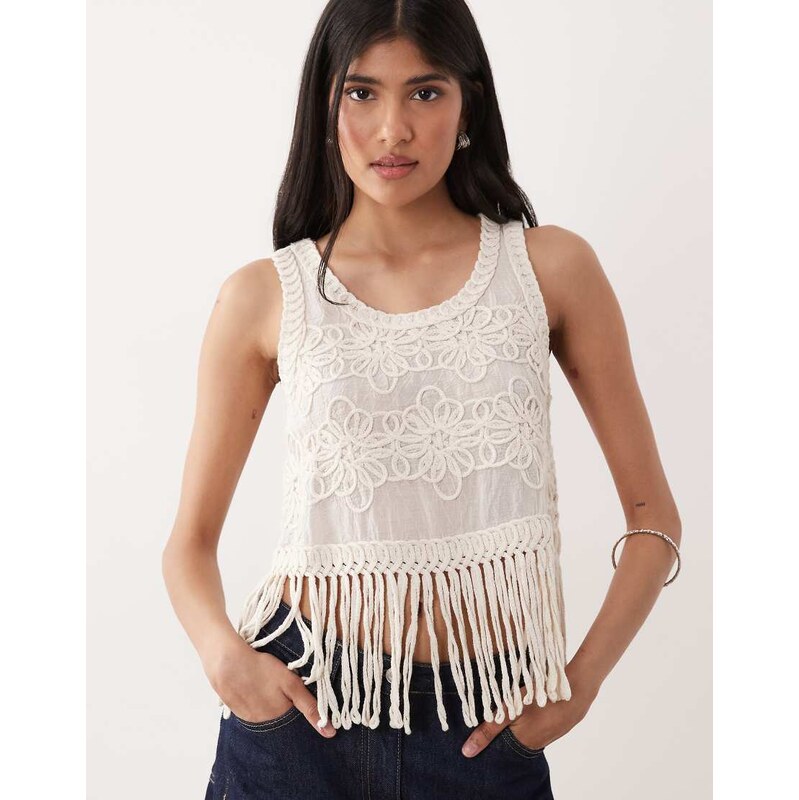 YAS floral embroidered tassle hem top in cream-White 115610200
