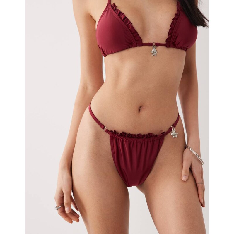 Brave Soul cheeky bikini bottom with starfish charm in raspberry red 115609860