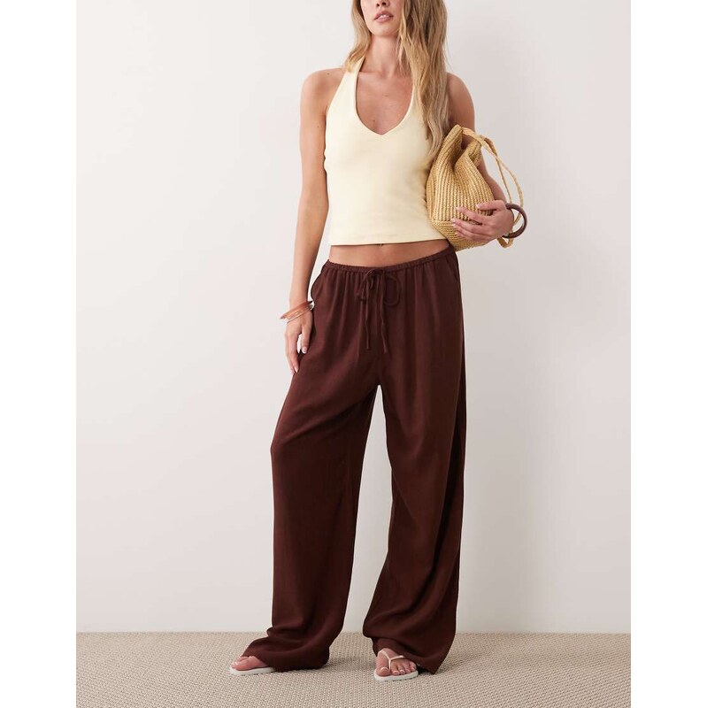 Miss Selfridge linen look pull on trouser in chocolate-Brown 115609872