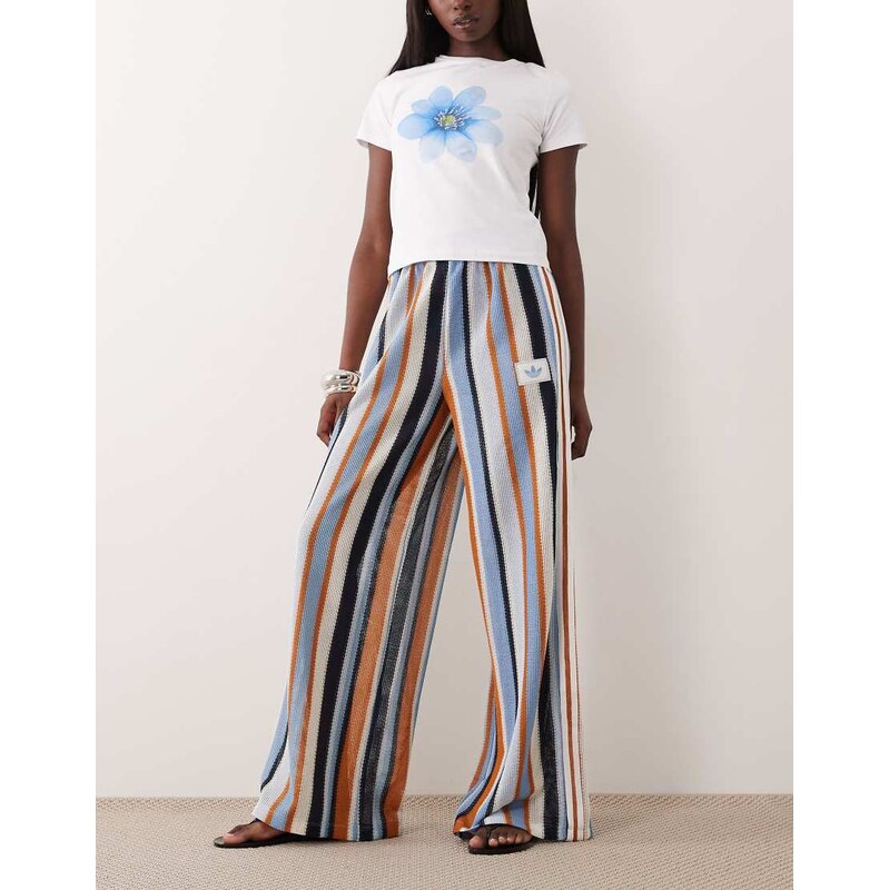 adidas Originals firebird crochet track pants in blue and brown stripe 115609883