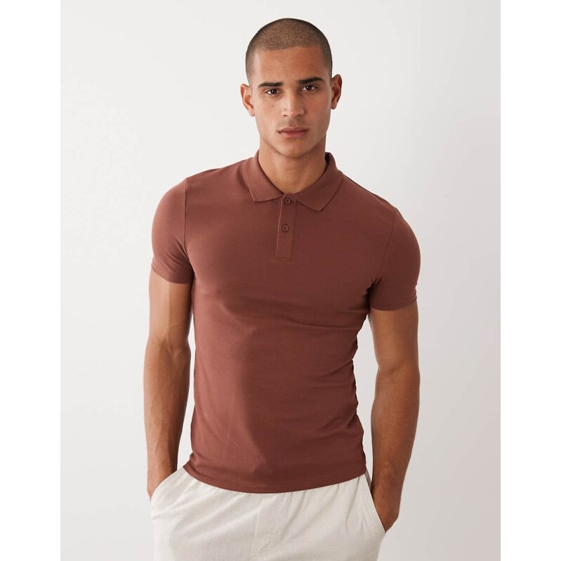 ASOS DESIGN Essentials muscle fit polo in brown pique