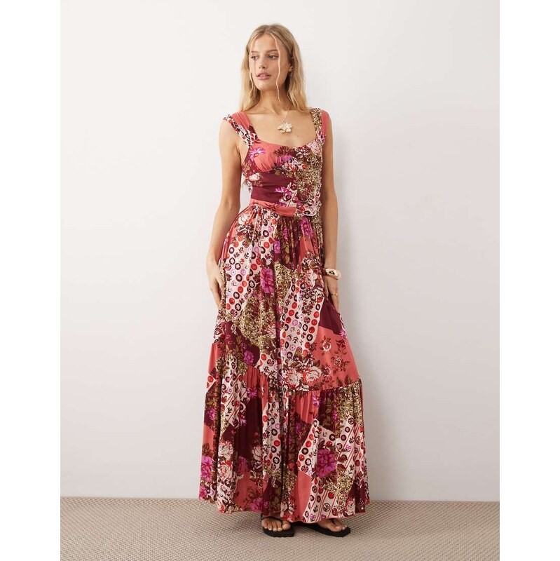 Free People corset style drop waist maxi dress in strawberry